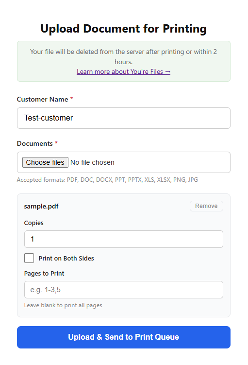 Document upload page with print settings